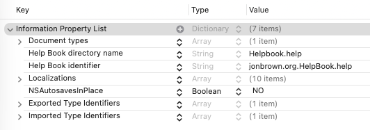 Sample app Info.plist helpbook keys